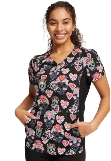 Cherokee iFlex Sugar Skull Flutter V-Neck Top